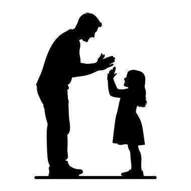 Siyah siluet bir adam ve genç bir kız karşı karşıya ve ellerini çırpıyorlar. Adam daha uzun boylu ve çocuğa doğru hafifçe eğiliyor gibi görünüyor. Kız ellerini kaldırarak ayakta duruyor. Her iki figür de profilde resmedilmiş. 