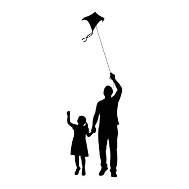 Siyah siluet bir baba ve genç kızı el ele tutuşuyorlar. Baba, üzerlerinde uçan bir uçurtmaya bağlı bir ip tutuyor. Kızının bir kolu heyecanla kalkıyor. Görüntü basit., 