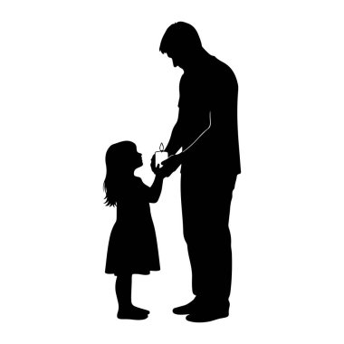 Bir babanın siyah silueti ve genç bir kız karşı karşıya duruyorlar. Baba daha uzun boyludur ve elinde yanan bir mum tutar ve onu kızına sunar. Elbise giyen kız, mumu tutmak için uzanıyor.