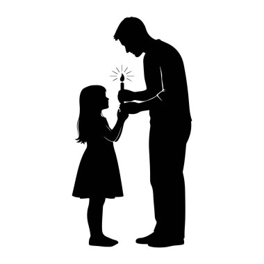 Siyah siluet bir adam ve genç bir kız beyaz bir arkaplanda karşı karşıya duruyorlar. Daha uzun boylu ve yetişkin gibi görünen adam elinde yanan bir mum tutuyor. Daha küçük ve çocuk gibi görünen kız, mumlara bakıyor ve... 