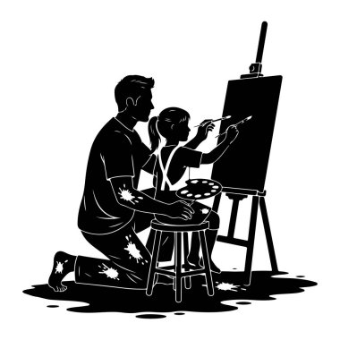 Siyah bir siluet, taburede oturan kızının yanında diz çökmüş bir baba tasvir ediyor. İkisi de ellerinde boya fırçası tutuyor ve sehpaya konmuş bir tuvale resim yapıyor gibi görünüyorlar. Taburede bir palet duruyor. Boya lekeleri görülebilir. 