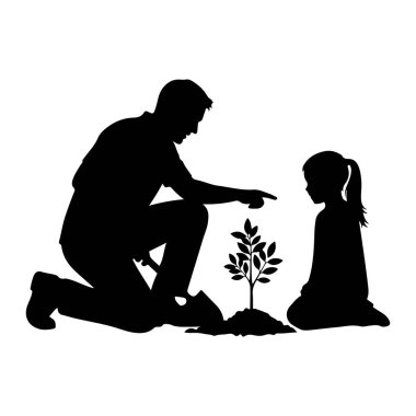 Siyah bir siluet, diz çöküp toprak yığınına dikilmiş küçük bir fidanı işaret eden bir baba tasvir ediyor. Onun yanında, genç bir kız diz çöker, ağaca doğru bakar. Görüntü, beyaz bir arkaplan karşısında basit bir illüstrasyondur.