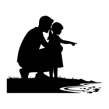 Siyah bir siluet, suda yüzen bir balık sürüsünü işaret eden kızının yanında diz çökmüş bir baba tasvir ediyor. Bir su kütlesinin yanındaki çimenli bir kıyıya yerleştirilirler. Sahne basit ve grafik bir şekilde çekilir.