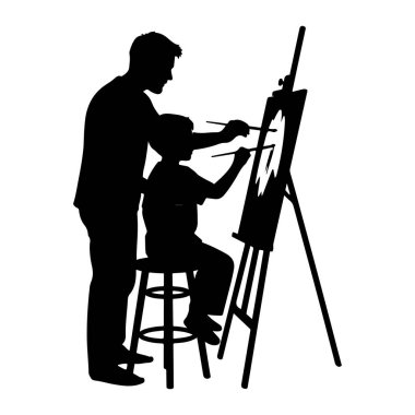 Taburede oturan genç bir çocuğun arkasında duran bir babanın silüeti. Her ikisi de boya fırçaları tutuyor ve sehpaya yerleştirilmiş bir tuval üzerinde resim yapıyor gibi görünüyorlar. Sahne siyah beyaz tasvir ediliyor, şekilleri ve formları vurgulanıyor. 