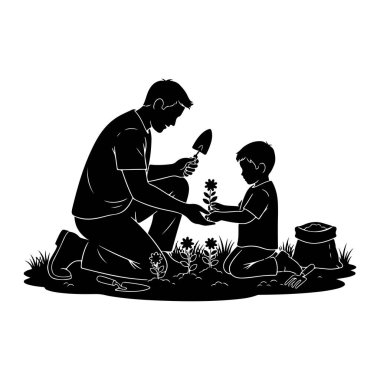 Siyah ve beyaz bir siluet, bahçede diz çökmüş bir baba ve oğul tasvir ediyor. Baba bir mala tutar ve küçük bir bitkiyi dikkatlice tutan oğluna bakar. Çevrelerindeki toprakta birkaç küçük çiçek açıyor. Bir torba toprak ve bir R...