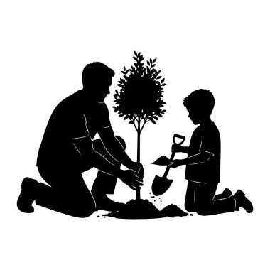 Siyah bir siluet, yerde diz çökmüş bir baba ve küçük bir ağacı aktif olarak dikerken resmediyor. Oğlu toprak ve kürek tutarken, baba fidanı toprağa yerleştiriyor. Sahne düz beyaz arkaplan, EMP