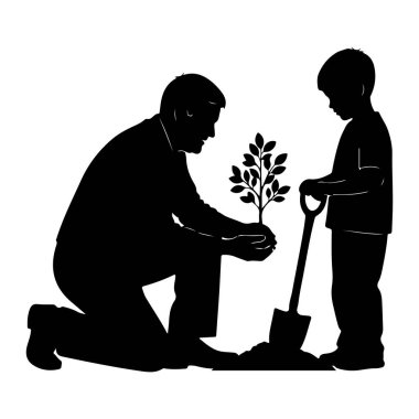 Siyah bir siluet, diz çöken ve yapraklı küçük bir fidanı tutan bir baba tasvir eder. Yanında bir çocuk duruyor, o da siluette, elinde kürekle. Küreğin etrafındaki zemin tahrip olmuş, bu da ekimi akla getiriyor. Arkaplan düz beyaz.