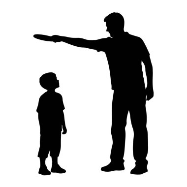 Küçük bir çocuğa frizbi atan siyah bir siluet. Adam ayakta duruyor ve frizbiyi tutarak kolunu uzatıyor. Çocuk ayakta duruyor ve frizbiye bakıyor. Arkaplan beyaz.
