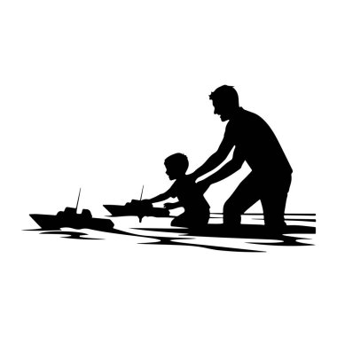 Siyah bir siluet, suda oyuncak teknelerle oynayan bir baba ve küçük bir çocuğu tasvir eder. Baba çocuğun arkasında, elleri çocuğun omuzlarında, onlara rehberlik ediyor. İki figür de sudaki oyuncak teknelere bakıyor. Sahne 