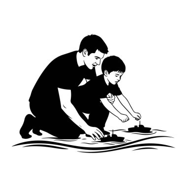 Siyah bir siluet, suda oyuncak teknelerle oynayan genç oğluna yol gösteren bir baba tasvir ediyor. Babanın kolu çocuğun omzunda ve ikisi de oyuncak teknelere odaklanmış durumda. Resmin altında biçimlendirilmiş dalgalar gösterilir