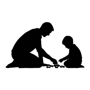 Siyah bir siluet, yerde diz çökmüş küçük oyuncak arabalarla oynayan bir baba ve küçük bir çocuğu tasvir ediyor. Baba solda, öne doğru eğiliyor, ve çocuk sağda, oyuncaklara bakıyor. Birkaç oyuncak araba ayarlandı.