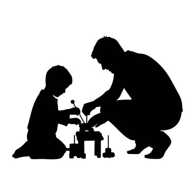 Siyah bir siluet, beyaz arka planda yapı taşları ve diğer oyuncaklarla oynayan bir baba ve küçük oğlunu resmediyor. Baba çömelir, oyuncaklarla meşgul olur. Oğlu da yerde oturup aktiviteye odaklanır..