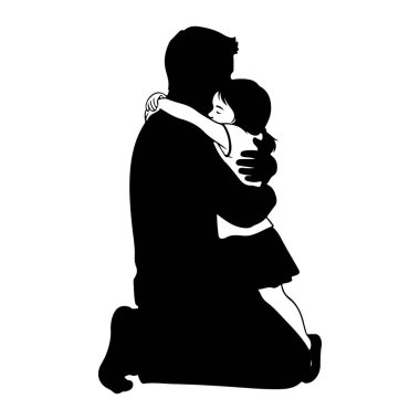 Siyah bir siluet, diz çöküp kızını kucaklayan bir baba tasvir ediyor. Kız, babasının boynuna sarılmış, gözleri kapalı, bir teselli ve şefkat jesti ile. Babasının kolları onu sarıp sarmalıyor. Görüntü s