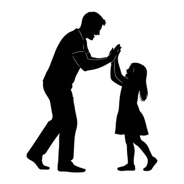 Bir baba ve kızın siyah silueti göğüsten aşağıya, birbirlerine bakıyorlar ve birbirlerine beşlik çakıyorlar. Baba daha uzundur ve bir tişört ve pantolon giyer, kız ise daha kısadır ve bir elbise giyer. İki rakam da... 