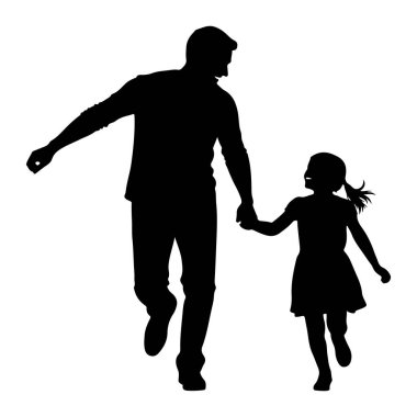 Siyah bir baba silueti ve el ele tutuşurken koşan küçük bir kız. Baba solda, bir gülümsemeyle kızına bakıyor. Kız sağda, geniş bir gülümseme ile babasına bakıyor ve saçları behi 'yi takip ediyor.