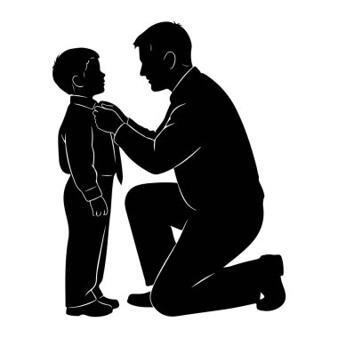 Siyah bir siluet, diz çöküp genç bir çocuğun kravatını düzeltmesine yardım eden bir adamı tasvir ediyor. Her ikisi de resmi giyinmiş, takım elbiseli bir adam ve gömlek ve kravat takmış bir çocuk var. Sahne, figürlerin vurgulandığı düz beyaz bir arkaplan üzerine kuruludur.