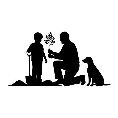 Siyah bir siluet, bir babanın diz çöküp küçük bir fidanı tutarak bir yığın pisliğin içinde duran bir küreğin yanında duran genç bir çocuğa sunuşunu tasvir ediyor. Bir köpek sahnenin sağına dikkatlice oturur, hepsi beyaz bir arka plana yaslanır..