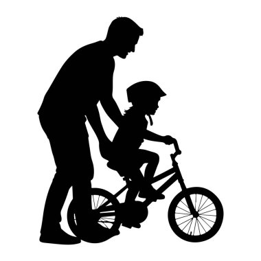 Siyah bir siluet, bisiklet süren bir çocuğun arkasında duran bir babayı gösteriyor. Babanın elleri çocuk koltuğunun arkasında, destek ve rehberlik sunuyor gibi görünüyor. Çocuk bir kask takıyor ve ileriye bakıyor, ata binmeye odaklanmış.