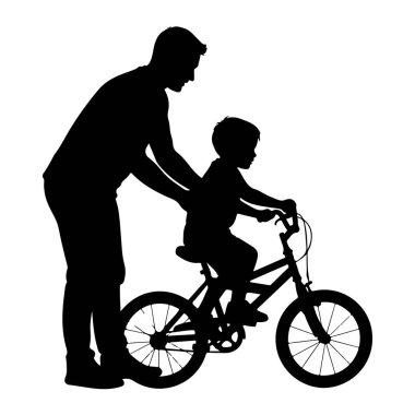 Bir adamın siyah silueti yan taraftan gösteriliyor, bisiklette oturan genç bir çocuğu desteklemek için eğiliyor. Çocuk bisikleti aktif olarak pedal çeviriyor, erkeğin elleri nazikçe koltuğa ya da gidona basıyor, rehberlik ve denge sağlıyor.. 