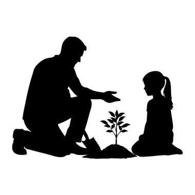 Toprağa dikilmiş küçük bir fidanın önünde diz çöküp el kol hareketi yapan siyah bir baba silueti. At kuyruklu genç bir kız onun karşısında diz çöküp fidana bakıyor. Babanın elinin yanında küçük bir kürek görünür. Arka taraf.