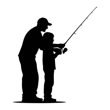 Beyzbol şapkası takan bir babanın siyah silueti bir çocuğun arkasında durur, olta ve makarayı tutarken ellerine rehberlik eder. Çubuk yukarı ve sağa doğru açılıdır, beyaz bir arkaplana karşı..