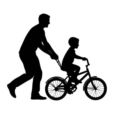 Siyah bir siluet, çocuk bisiklete binerken çocuğun bisikletinin arkasını tutan bir babayı tasvir eder. Baba bisikletin yanında yürüyor, elleri koltukta ya da çerçevede, çocuğa rehberlik ediyor ve onu destekliyor gibi görünüyor. Çocuk bisikletin üzerinde oturuyor, p