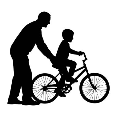 Siyah bir siluet bisiklet süren genç bir çocuğun arkasında duran bir baba tasvir ediyor. Çocuğun elleri çocuğun sırtında çocuk ata binmeyi öğrenirken destek ve rehberlik teklif ediyor. Sahne düz beyaz bir arkaplan üzerine kuruludur.