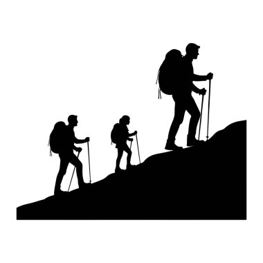 Kayalık bir yamaçtan yükselen üç yürüyüşçünün siyah silueti. Yürüyüşçüler büyük sırt çantaları ve yürüyüş direkleriyle donatılmışlar. Bu da bir yolculuk ya da keşif gezisine işaret ediyor. Sahne, sade bir arkaplana karşı simsiyah beyaz tasvir edilir. 