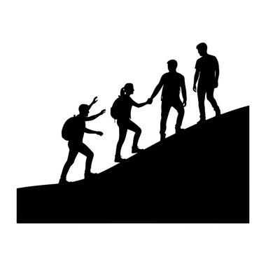 Dört kişinin siluetleri dik, karanlık bir yamaçta beyaz bir zemine tırmanıyor. Rakamlar yükselmenin çeşitli aşamalarında yer alırken, bir kişi diğerine yardım etmek için eğiliyor. Hepsi sırt çantası takıyor gibi görünüyor. Yürüyüşçü ya da yürüyüşçü olduklarını gösteriyor.