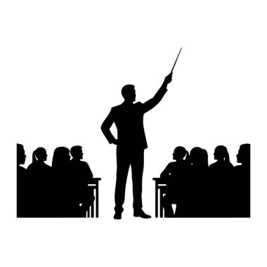 Siyah bir siluet, sıralarda oturan bir izleyiciyi sopayla işaret eden ve ayakta duran bir erkek eğitmeni tasvir eder. Seyirciler, eğitmene bakan siyah siluetler olarak da gösteriliyor. Arkaplan düz beyaz.