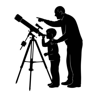 Siyah bir siluet teleskoplu bir adam ve genç bir çocuğu tasvir ediyor. Çocuk teleskopun göz merceğinden bakıyor. Teleskop tripoda monte edilmiş. Adam çocuğun arkasında duruyor, bir eli çocuğun omzunda, diğeri de savaşı işaret ediyor.