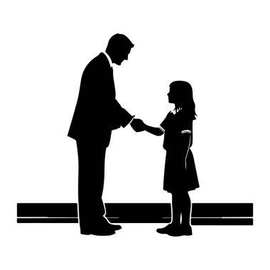 Takım elbiseli bir adam ve elbiseli bir çocuğun siyah silueti el sıkışıyor. İki yatay çubuğu olan bir platformda duruyorlar. Arkaplan beyaz.