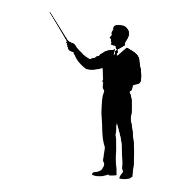 Siyah bir adam silueti, sağ elinde ince bir çubuk tutarak sola dönük duruyor ve yukarı ve sola doğru işaret ediyor. O, yakalı gömlek, kravat ve pantolon da dahil olmak üzere resmi giysiler giyiyor. Şekil, düz beyaz bir sırtla izole edilmiş.