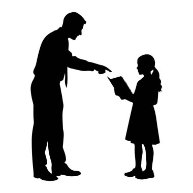 Solda duran siyah bir adam silueti sağda duran genç bir kızın tuttuğu bir kitabı işaret ediyor. Adam gömlek ve kravat takıyor, ve kız elbise giyiyor. Her iki figür de beyaz bir b 'ye karşı profilde resmedilmiş.