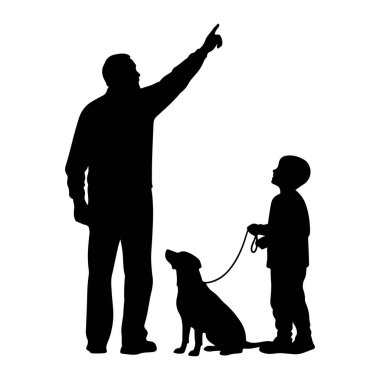 Siyah silueti olan bir adam kolunu kaldırmış, yukarı bakıyor. Onun yanında, bir çocuk oturan bir köpeğe bağlı bir tasma tutuyor. Çocuk, adamın işaret ettiği yöne bakıyor. Arkaplan düz beyaz.
