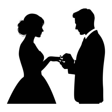 Takım elbiseli bir adamın siyah silueti bir kadına evlenme teklif ediyor. Adam, yüzüğü almak için elini uzatan kadına bir yüzük uzatıyor. Rakamlar beyaz arkaplana karşı profil olarak resmedilir.