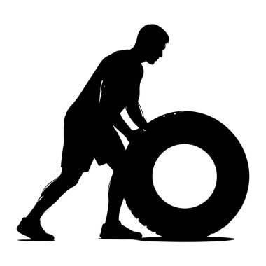 Yandan siyah siluet bir adam görülüyor, büyük bir lastik itiyor. O şort ve spor ayakkabıları giyiyor. Adam öne eğiliyor, elleri lastiğin üzerinde, çaba sarf ediyor. Lastik yuvarlak ve ortasında bir delik var. Arka plan...