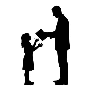 Takım elbiseli bir adamın siyah silueti elinde açık bir kitapla genç bir kıza bakıyor. Yine siluet içinde olan kız, elleri kitaba doğru uzanmış, ona bakıyor ve nişanlı gibi görünüyor. Arkaplan düz beyaz.