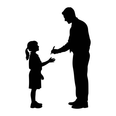 Takım elbiseli yetişkin bir adamın siyah silueti genç bir kız için imza atmak için eğiliyor. Kız ayakta duruyor ve elini uzatmış, adama bakıyor. Arkaplan beyaz.