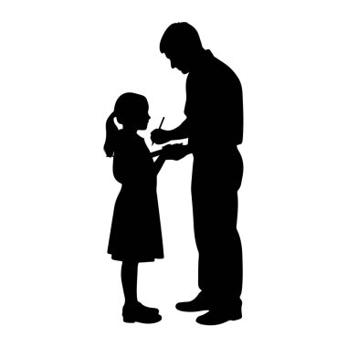 Siyah bir siluet, genç bir kız için bir şey imzalamak için eğilen bir adamı resmediyor. Adam elinde bir kalem tutuyor ve kızın elinde tuttuğu bir kağıt parçasına yazıyor gibi görünüyor. Kız adamın karşısında duruyor, ona bakıyor. İkisi de. 