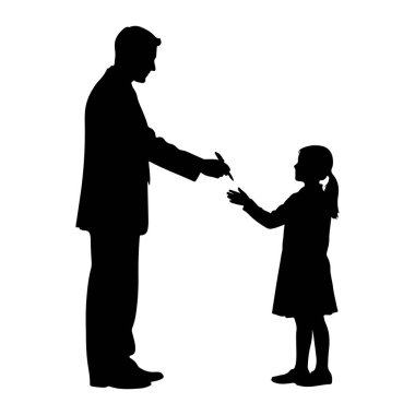 Takım elbiseli siyah siluet bir adam bir kalem tutuyor ve küçük bir çocuk için imza atıyor. Çocuk bir elbise giyiyor ve ellerini uzatıyor. Rakamlar beyaz bir arkaplanda izole edilmiş..