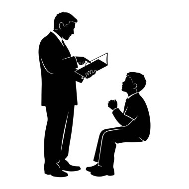 Takım elbiseli bir adamın siyah silueti elinde tuttuğu açık bir kitabı işaret ediyor. Yüzü ona dönükken, genç bir çocuk ellerini sıkarak oturur, adama ve kitaba bakar. Arkaplan düz beyaz.