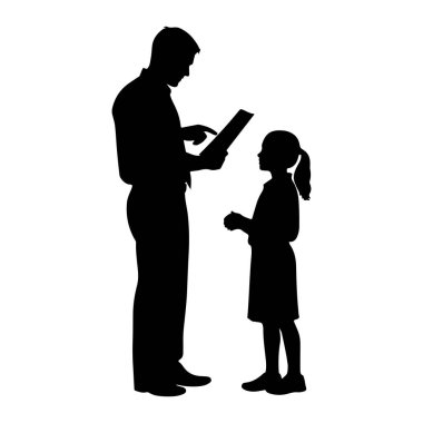 Siyah siluet bir adam genç bir kıza bakıyor. Adam bir kitap tutuyor ve parmağıyla işaret ediyor. Bir şey öğretiyor ya da açıklıyormuş gibi yapıyor. Kız dikkatle durup, adama bakıyor. Arkaplan düz beyaz.