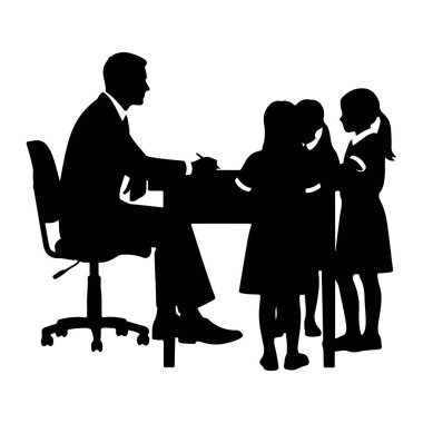 Bir siluet, bir masada dönen sandalyede oturan ve yazı yazan takım elbiseli bir adamı tasvir ediyor. Üç çocuk, iki kız ve bir çocuk daha, masada dururlar, bir derse girmiş gibi görünürler ya da adamla tartışırlar. Sahne simsiyah oldu. 