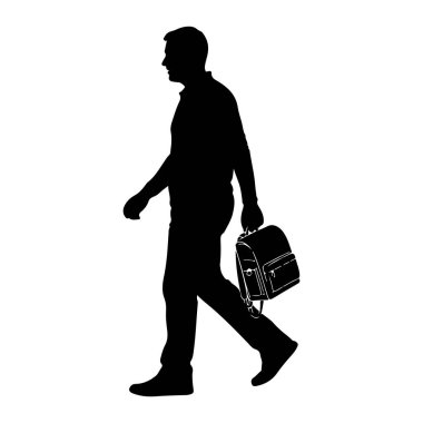 Soldan sağa doğru yürüyen siyah bir siluet. Günlük kıyafetler giyiyor ve sağ elinde bir sırt çantası taşıyor. Arkaplan düz beyaz.