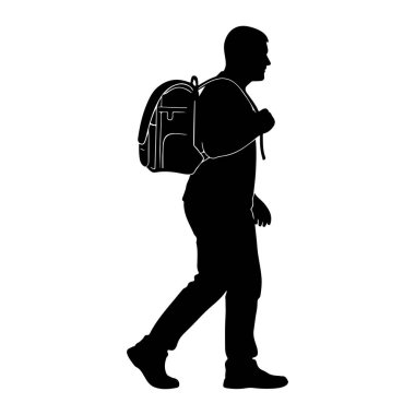 Soldan sağa yürüyen bir adamın siyah silueti beyaz bir arkaplanda resmedilmiştir. Günlük giysiler giyiyor ve sırtında bir sırt çantası taşıyor. Sırt çantasında görünür kayışlar ve bölmeler var. Bacakları orta basamakta ve...