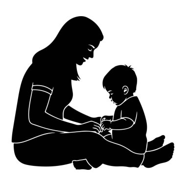 Bir anne ve bir bebeğin siyah silueti yerde oturuyor, birbirine bakıyor. Anne nazik bir ifadeyle bebeğe bakıyor. Bebek aşağıya, ellerine bakıyor. Görüntü basit, beyaz çizgileri olan temiz bir siluet..