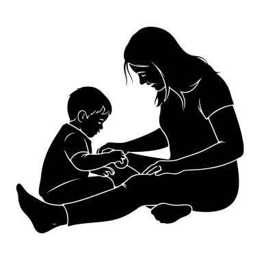 Yerde oturan siyah siluet bir anne ve küçük bir çocuk. Anne, dizine dokunmak için uzanan çocuğa bakıyor. Elleri birbirine yakın, bir anlık bağ ve özen gösteriyorlar. Görüntü basit., 