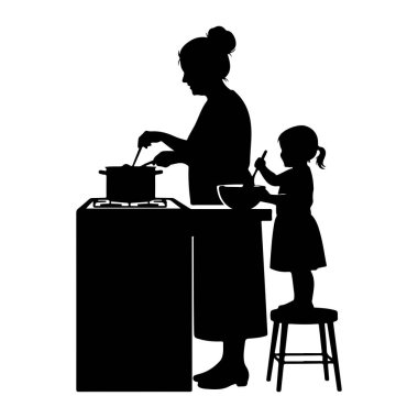 Siyah bir siluet bir anne ve küçük bir çocuğu mutfak ortamında tasvir eder. Anne bir sobanın yanında duruyor, tencereyi çatalla karıştırıyor. Taburede duran çocuk aynı zamanda bir yemek pişirme aktivitesiyle meşgul, bir kaşık tutuyor ve