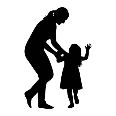 Bir anne ve küçük çocuğunun siyah silueti beyaz bir arkaplanda tasvir edilir. Anne eğiliyor, çocuğun ellerini tutuyor, sanki dans ediyor ya da birlikte oynuyormuş gibi. Elbise giyen çocuk, bir kolunu kaldırmış ve... 